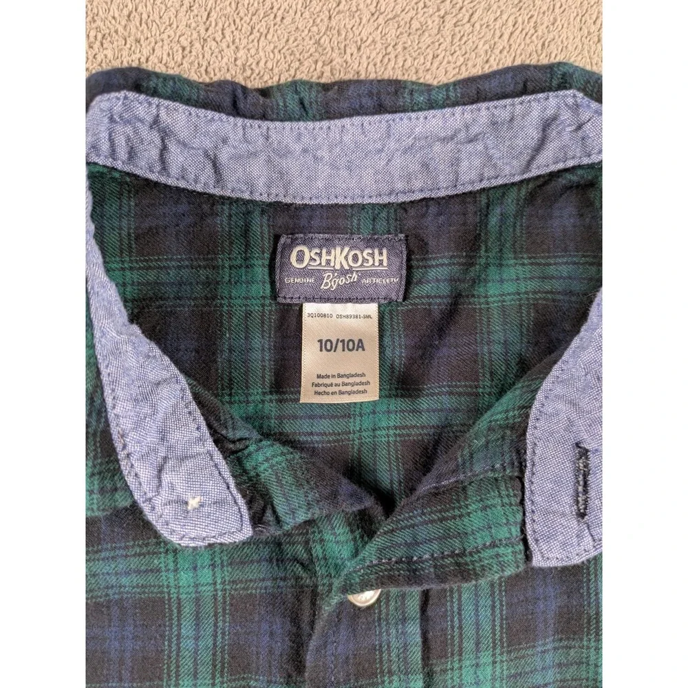 Oshkosh B'gosh Flannel Shirt Boys 10/10A Green Black Plaid Workwear Button Up